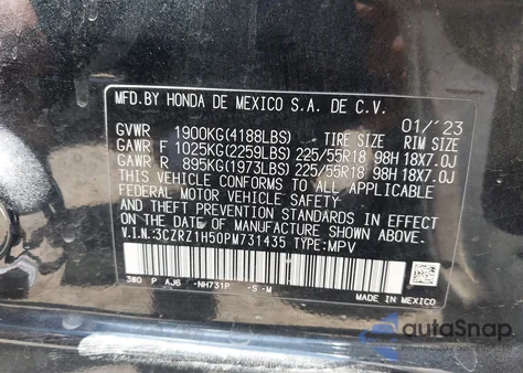 2023 Honda Hr-V 2Wd Sport z USA, uszkodzony, nr VIN 3CZRZ1H50PM731435